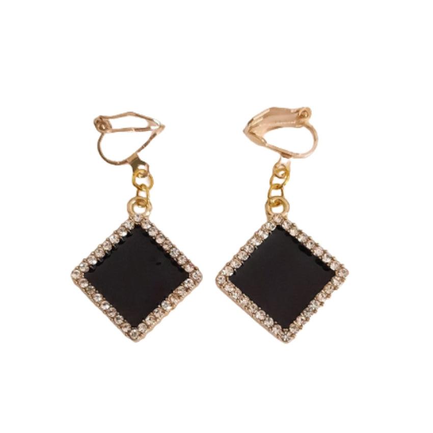 Black Diamond Dangly Clip On Earrings