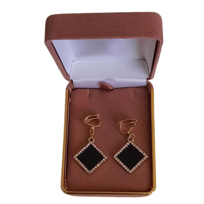 Black Diamond Dangly Clip On Earrings