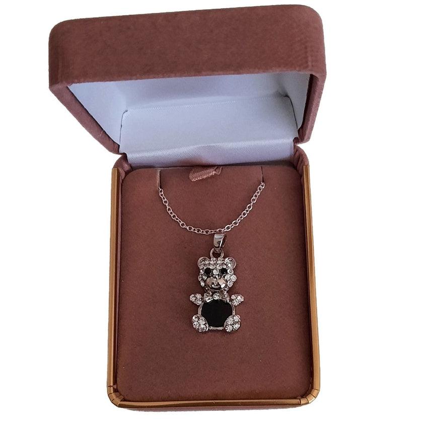 Black Enamel And Crystal Stones Teddy Bear Necklace