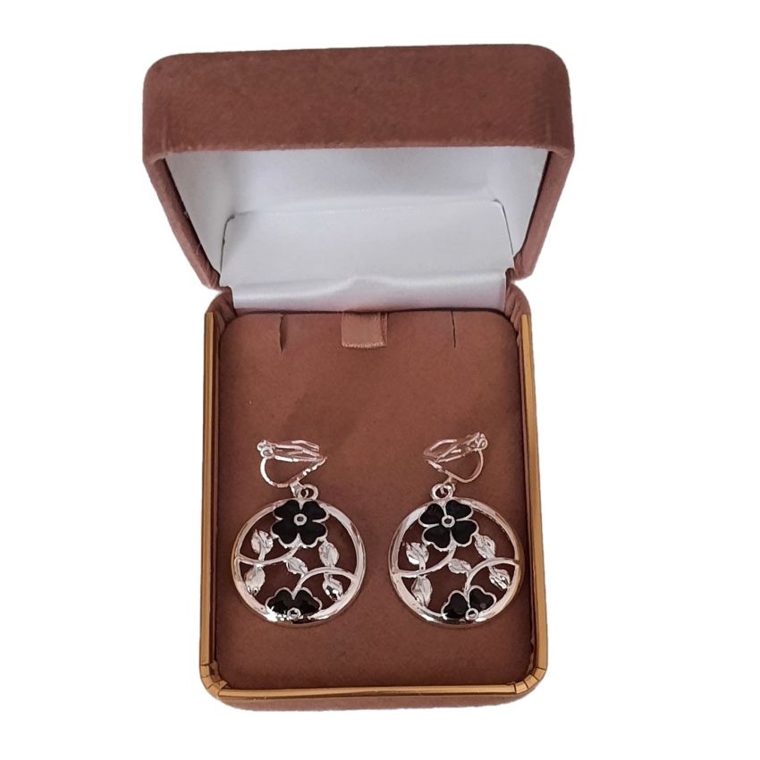 Black Enamel Flower Clip On Earrings(2)