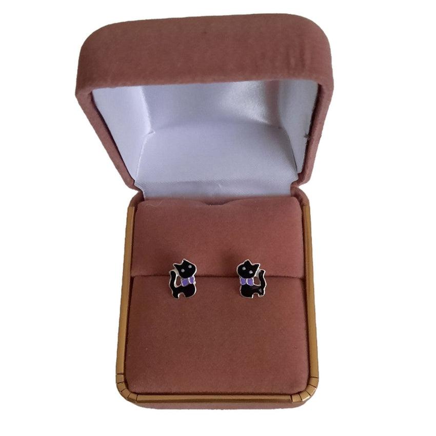Black Enamel Sterling Silver Cat Earrings
