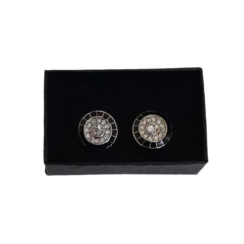 Black Square Edged Round Diamante Cufflinks