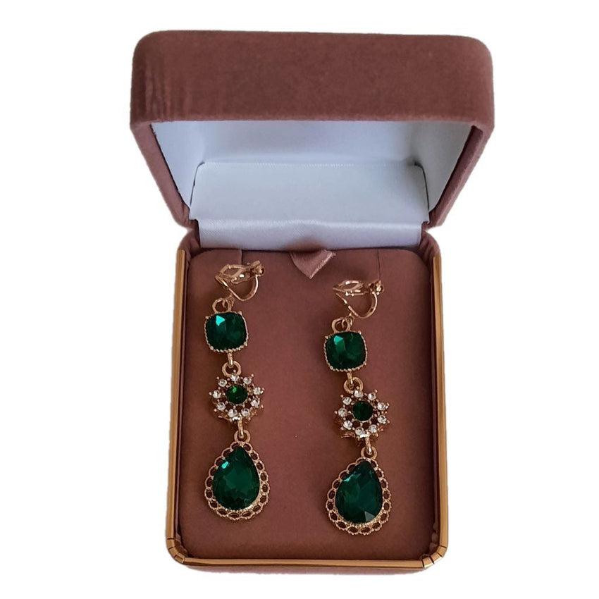 Bling Long Green CZ Clip On Earrings