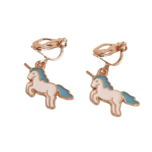 Blue And White Unicorn Clip On Earrings