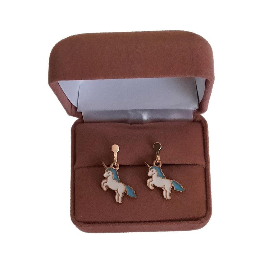 Blue And White Unicorn Clip On Earrings