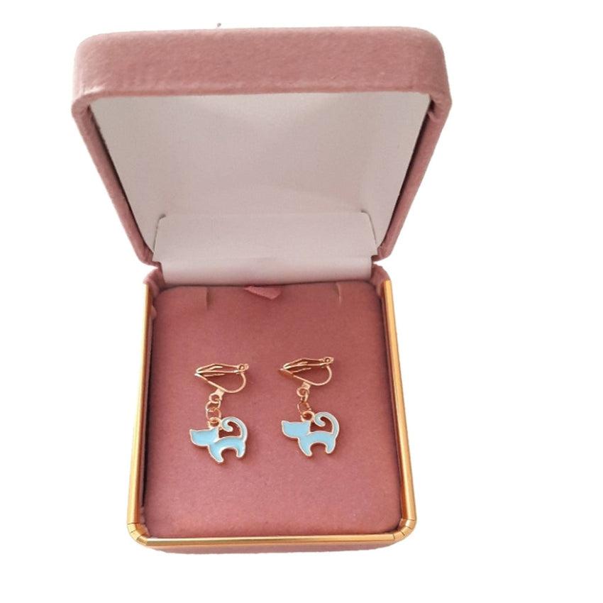 Blue Cat Clip On Earrings