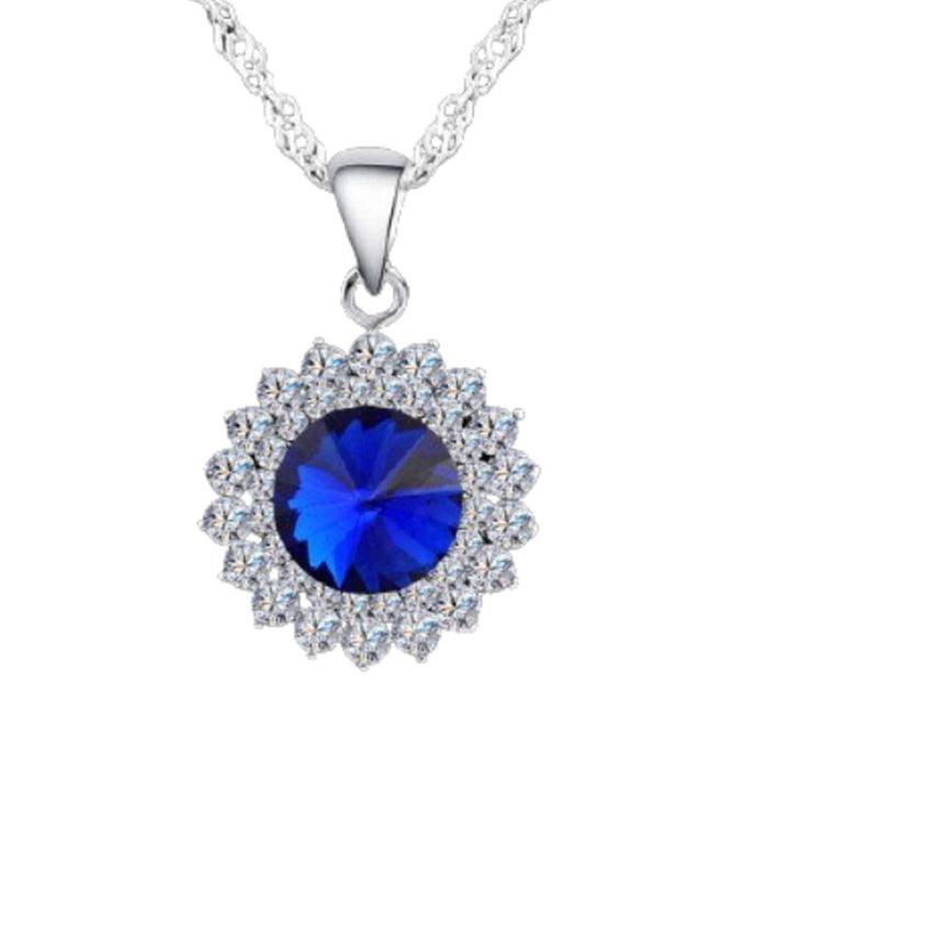 Blue Centre Cubic Zirconia Stone With White Edges Round Pendant