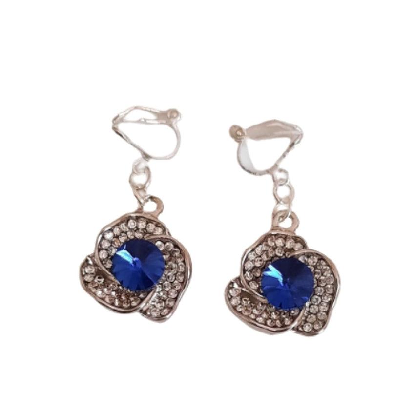 Blue Flower Diamante Clip On Earrings