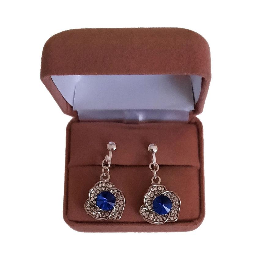 Blue Flower Diamante Clip On Earrings
