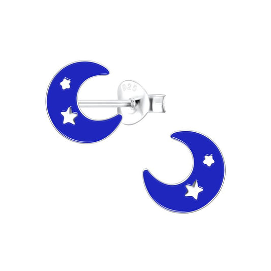 Blue Half Moon With Stars Silver Earrings
