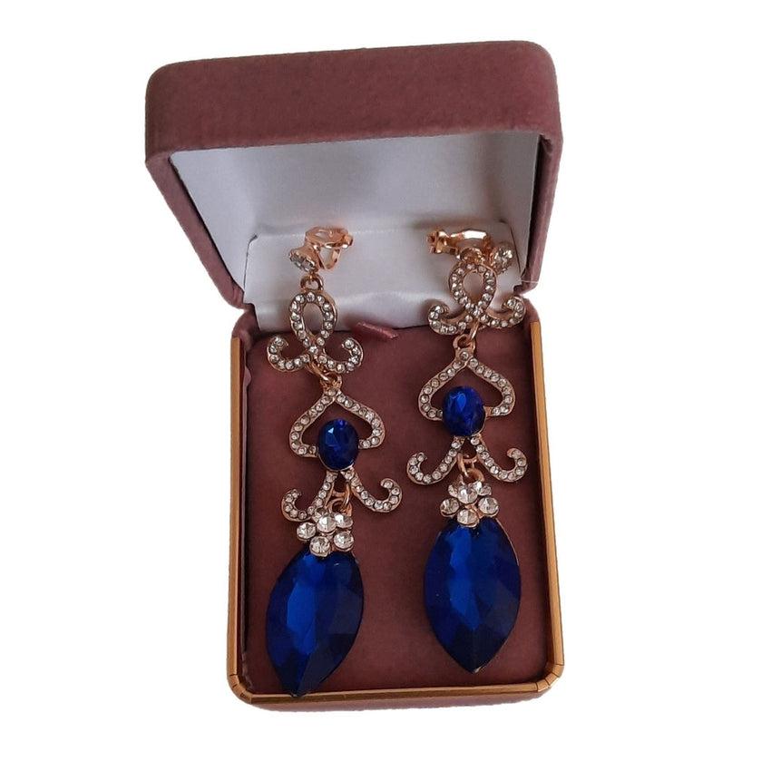 Blue Long Chandelier Diamante Clip On Earrings