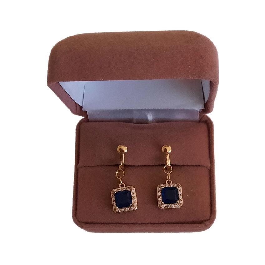Blue Square Diamante Clip On Earrings