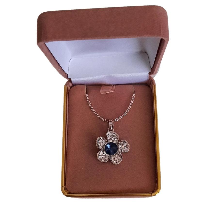 Blue Stone Centre Flower Pendant With Cubic Zirconia Leaves