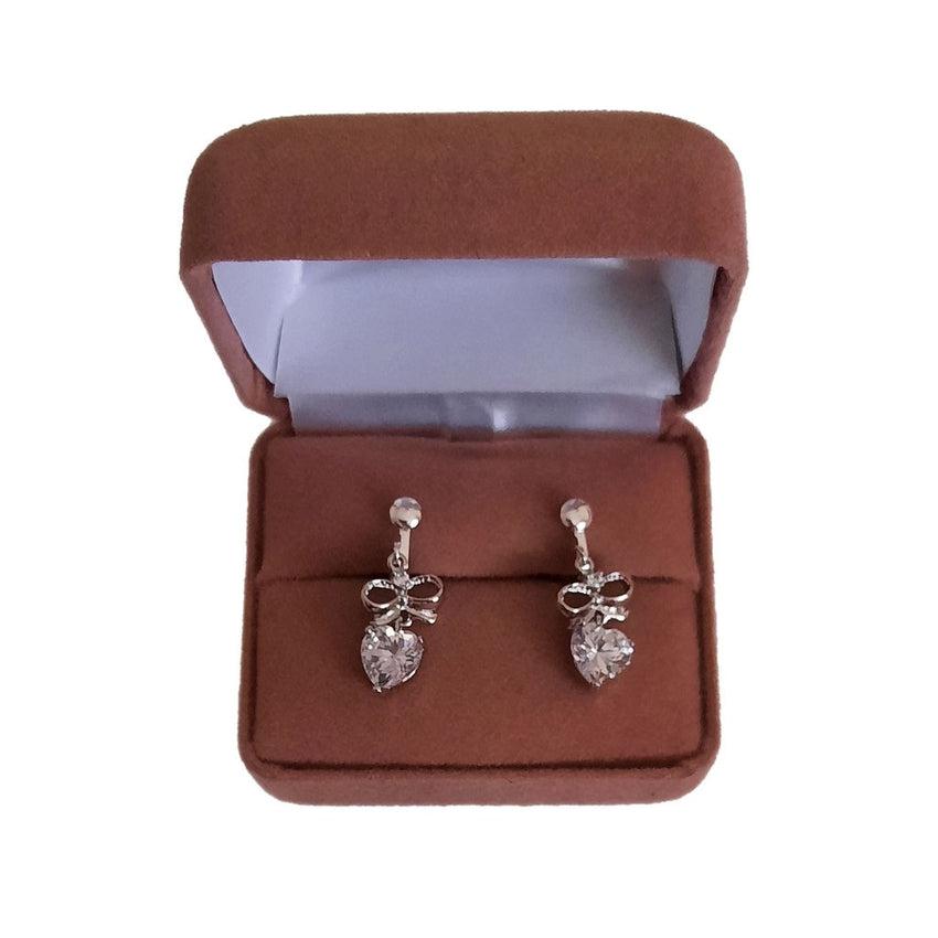 Bow And Heart Cubic Zirconia Drop Clip On Earrings