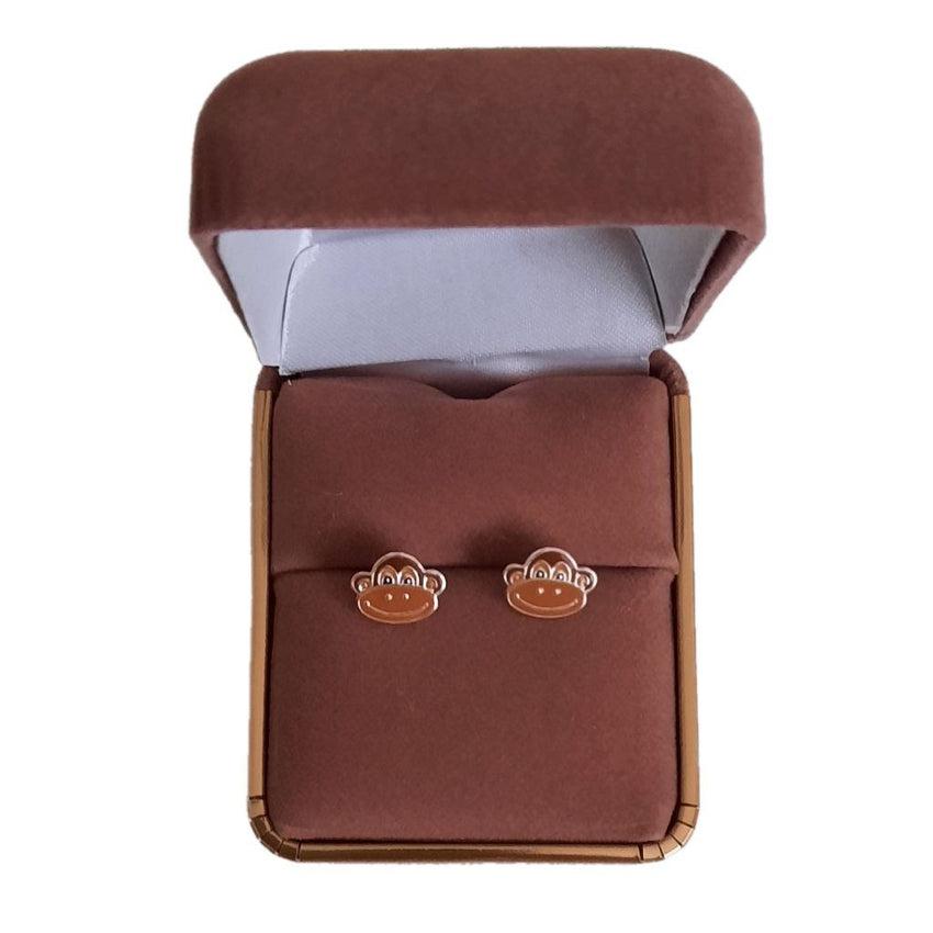 Brown And White Silver Monkey Stud Earrings