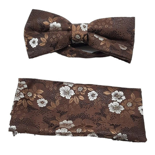 Brown Bow Tie Set With White Embroidered Flowers