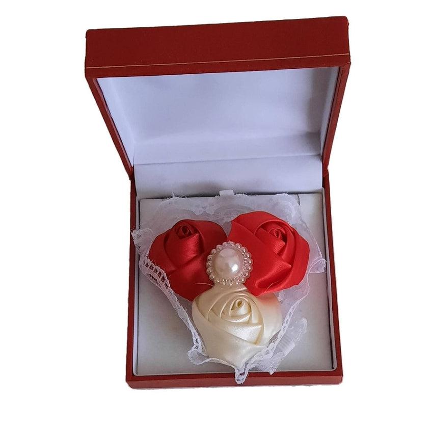 Burgundy, Red And Cream Satin Rosebuds Corsage