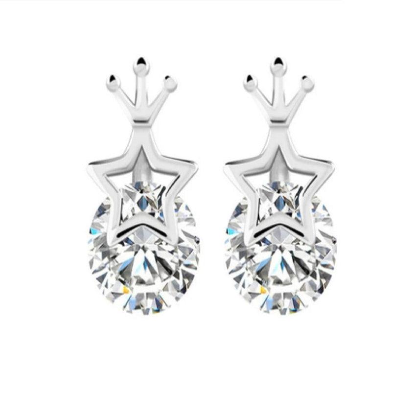 CZ Star And Crown Tiny Stud Earrings