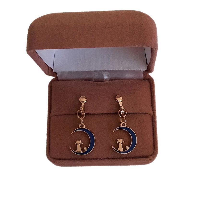 Cat In The Moon Clip On Earrings