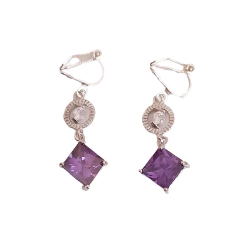 Circle And Diamond Purple Clip On Diamante Earrings