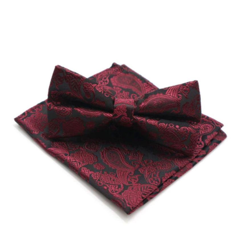 Claret And Black Paisley Print Bow Tie Set