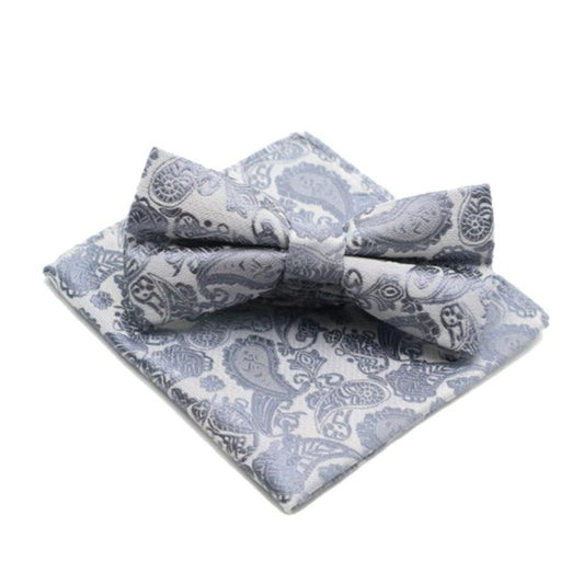 Silver And Grey Paisley Dickie Bow Set
