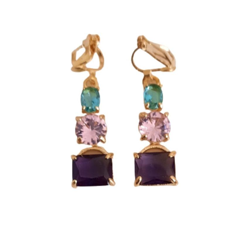 Colourful Crystal Drop Clip On Earrings