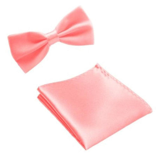 Coral Pink Adjustable Matching Bow Tie And Handkerchief Set