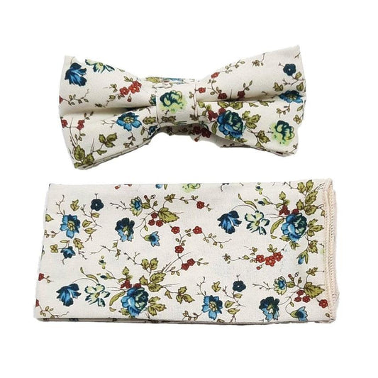 Cream And Blue Floral Boys Dicky Bow And Hanky Set