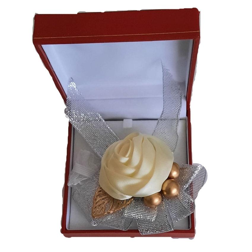 Cream Silk Rosebud With Silver Ribbon Wrist Corsage