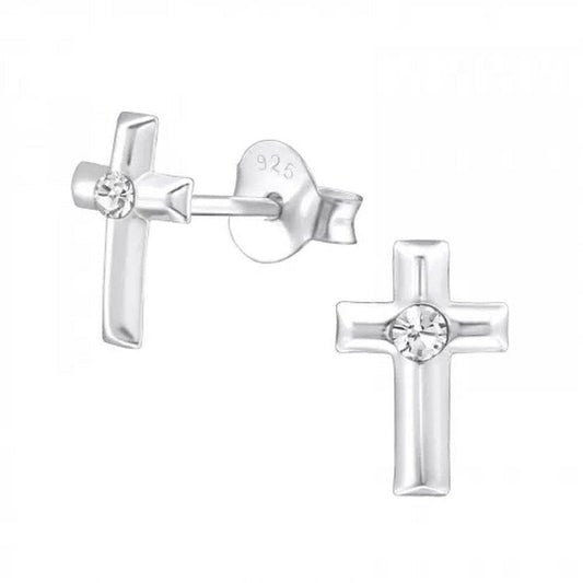 Cross Design Small Silver Communion Earrings With A White Stone Centre