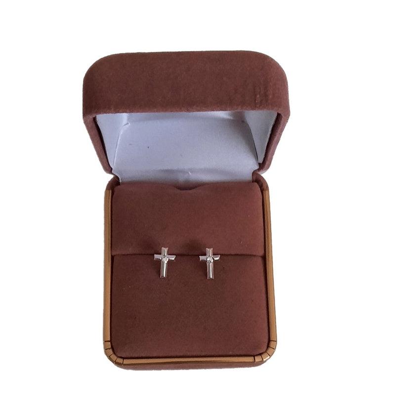 Cross Design Small Silver Communion Earrings With A White Stone Centre