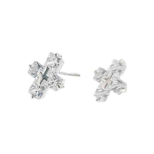 Cross In A Cubic Zirconia Sterling Silver Small Stud Communion Earrings