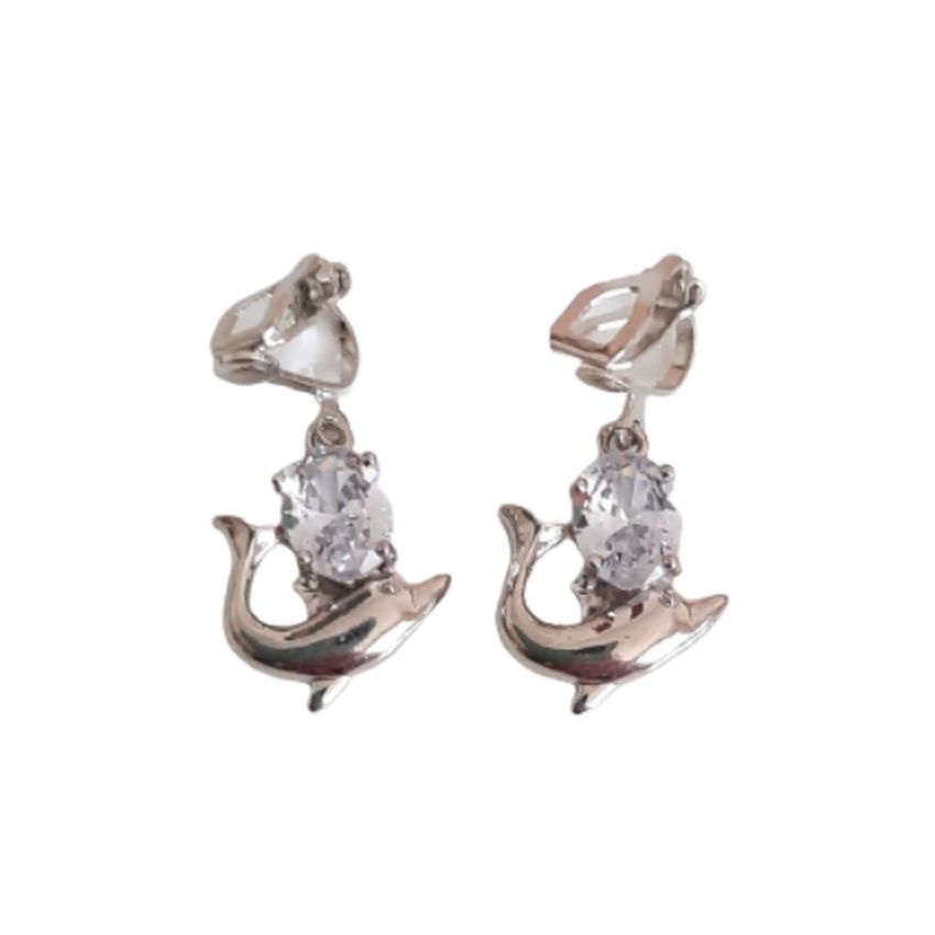 Cubic Zirconia Dolphin Clip On Earrings