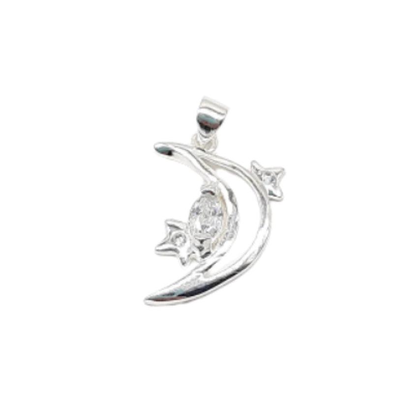 Cubic Zirconia Set Moon And Stars Silver Pendant