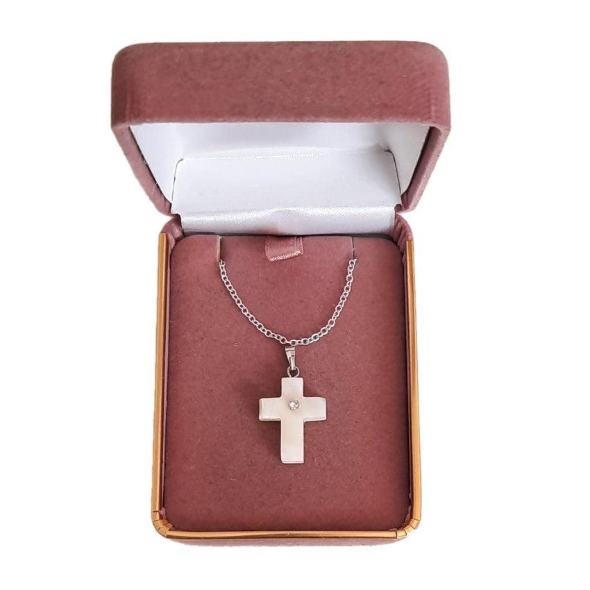 Cubic Zirconia Set Square Pearl Cross Necklace