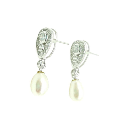 Cubic Zirconia Stemmed Earrings With a Freshwater Pearl Drop