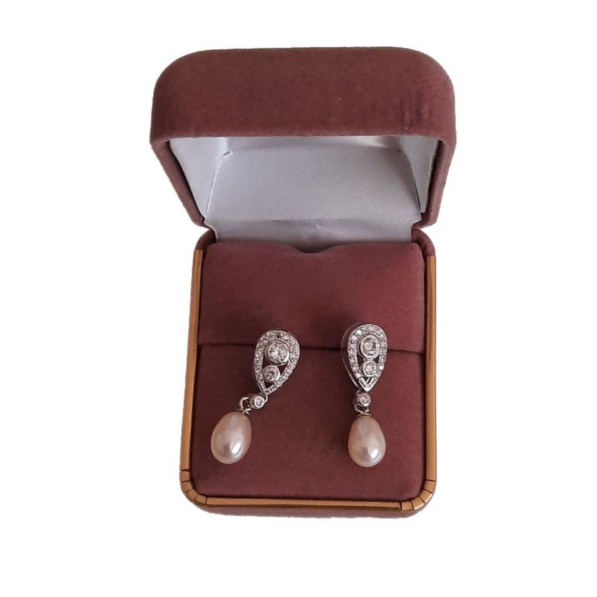 Cubic Zirconia Stemmed Earrings With a Freshwater Pearl Drop