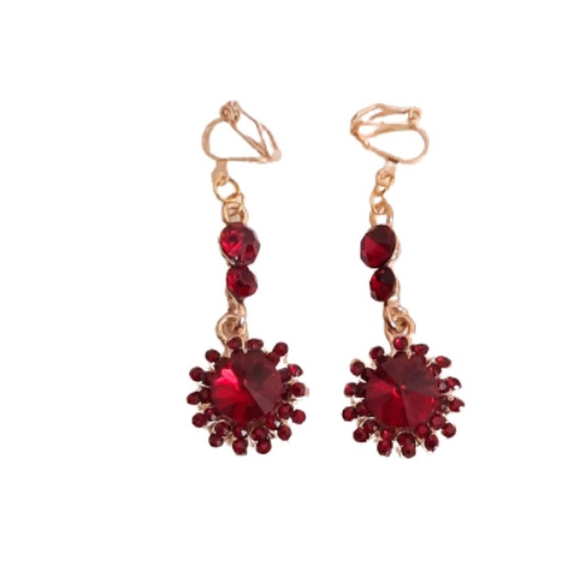 Dark Red 3 Stone Drop Diamante Clip On Earrings