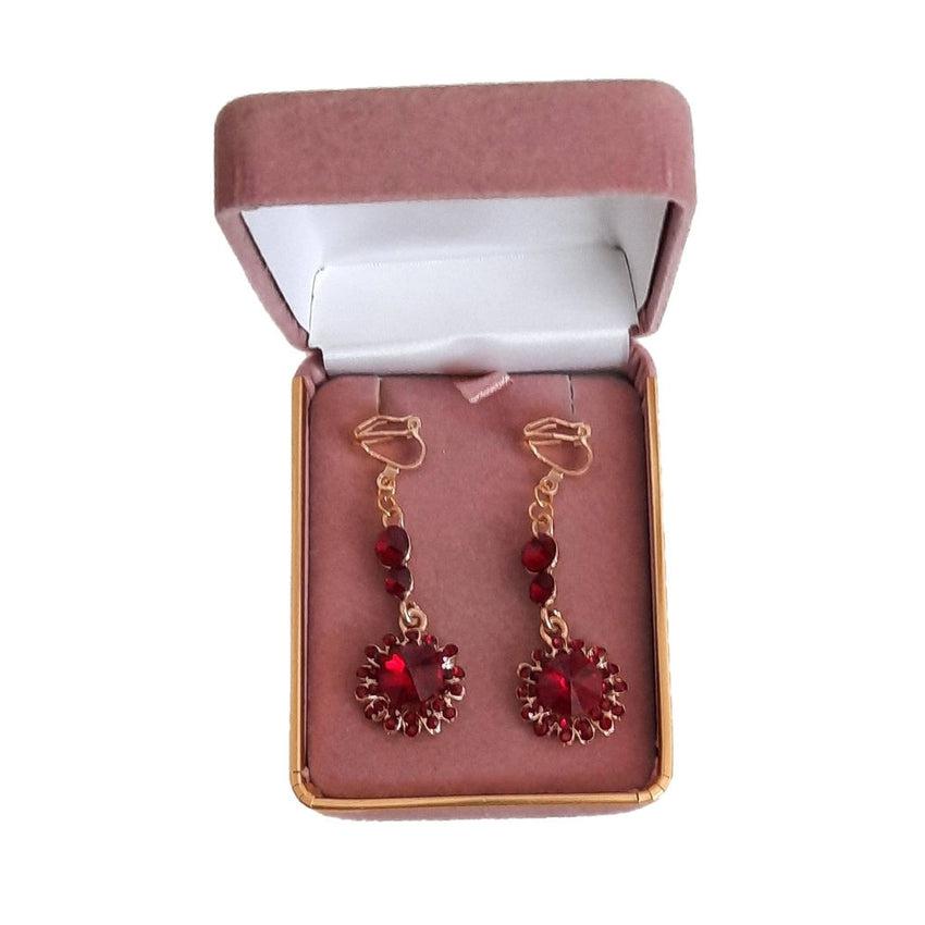 Dark Red 3 Stone Drop Diamante Clip On Earrings
