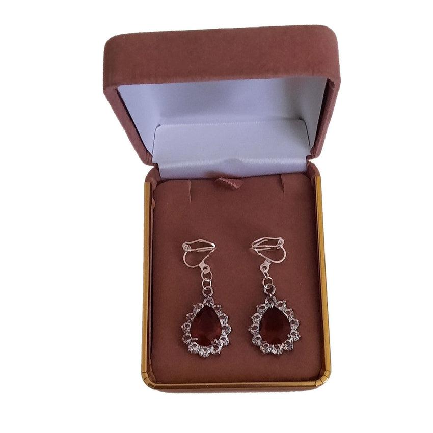Dark Red Cushion Diamante Clip On Earrings