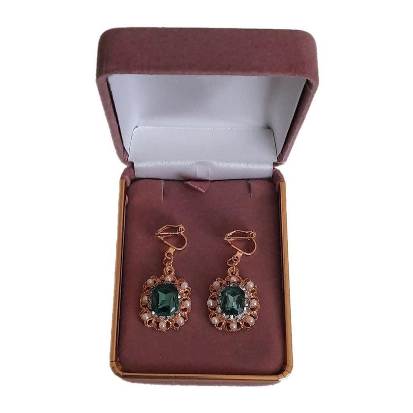 Diamante And Pearl Green Clip On Earrings