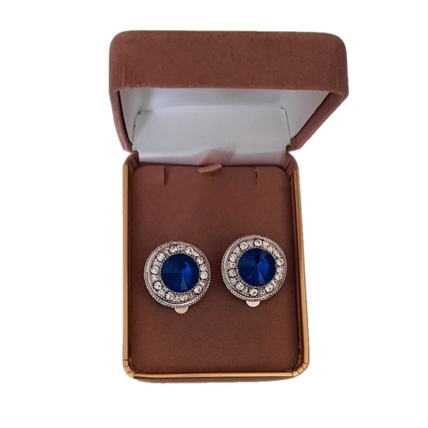 Diamante Blue Button Clip On Earrings(2)