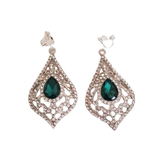 Diamante Chandelier Green Clip On Earrings