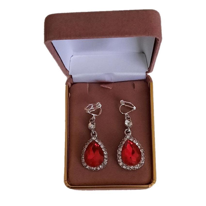 Diamante Edge Red Clip On Earrings