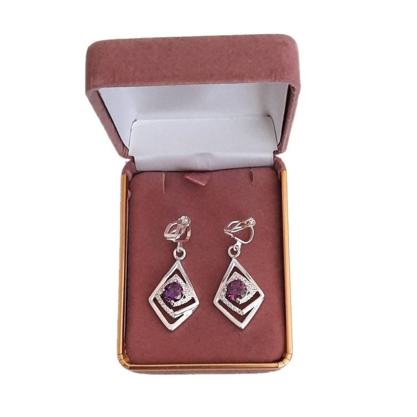 Diamond Shape Purple Clip On Diamante Earrings