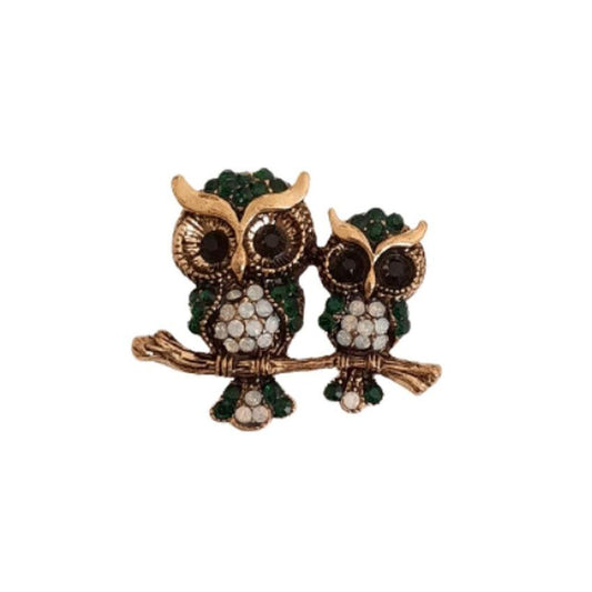 Double Owl On A Branch Brooch
