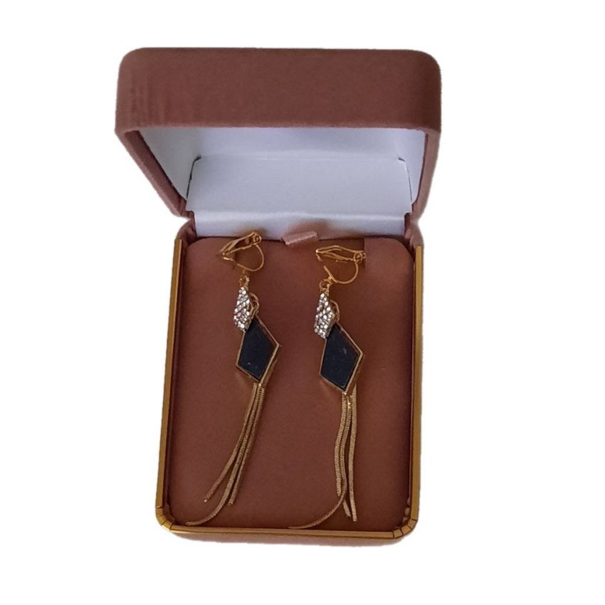 Drop Gold Black And Diamante Clip On Earrings