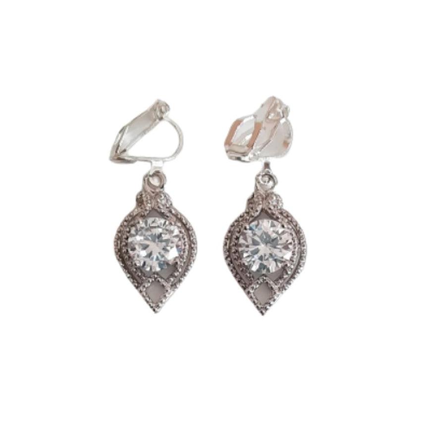 Filigree Cubic Zirconia Drop Clip On Earrings