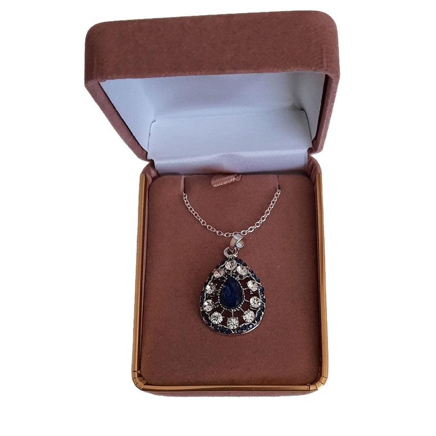 Filigree Design Blue Stone Silver Pendant With Crystal Stones